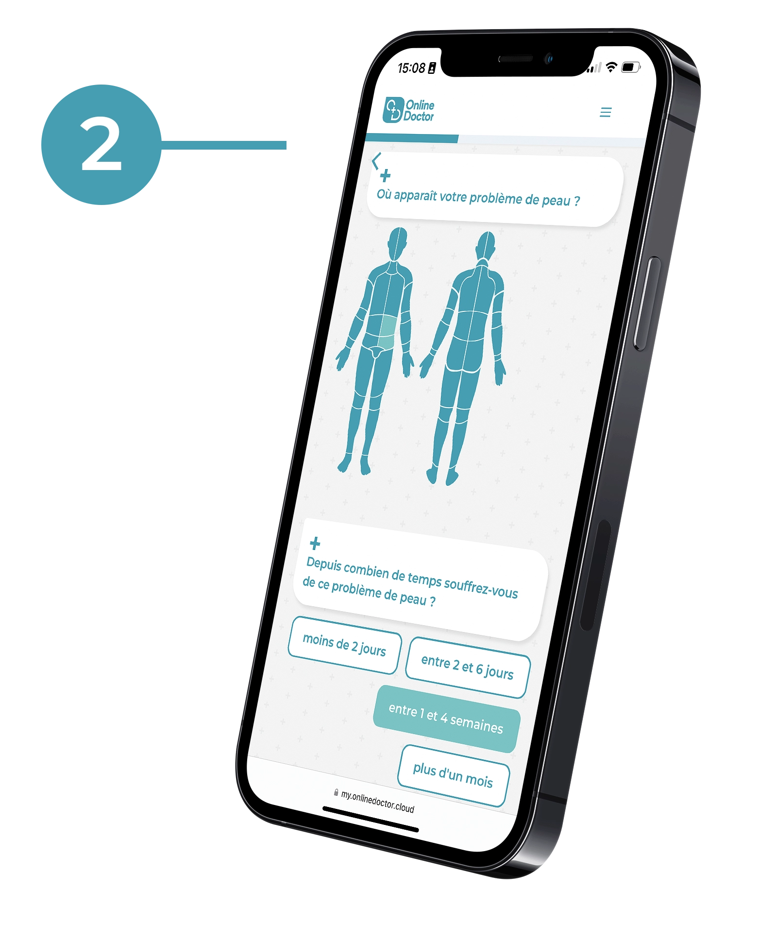 Site web OnlineDoctor pour le diagnostic cutané avec sélection de la zone du corps et durée des symptômes