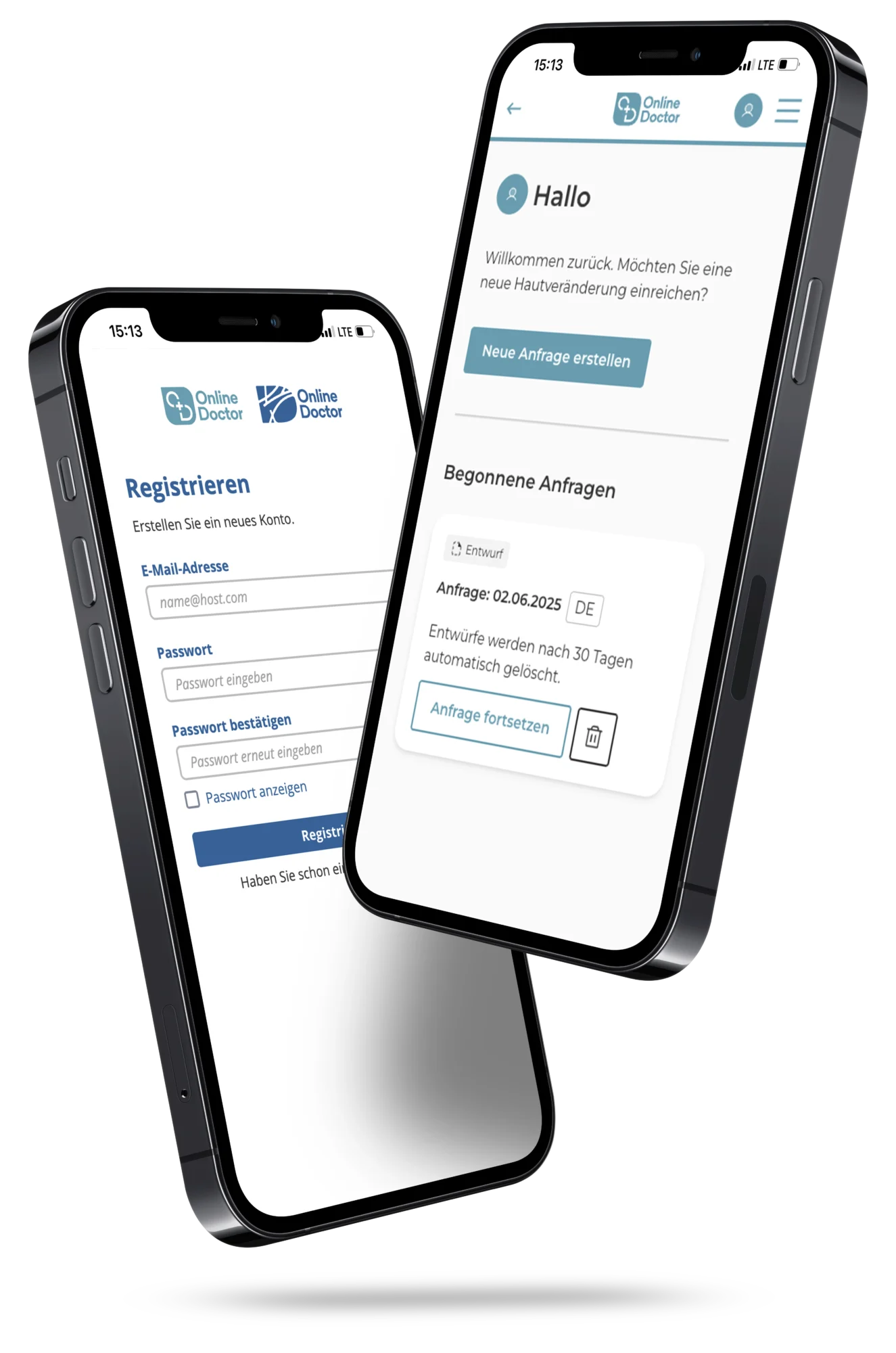 Zwei Smartphones mit Patientaccount Registrierung und Kontoansicht