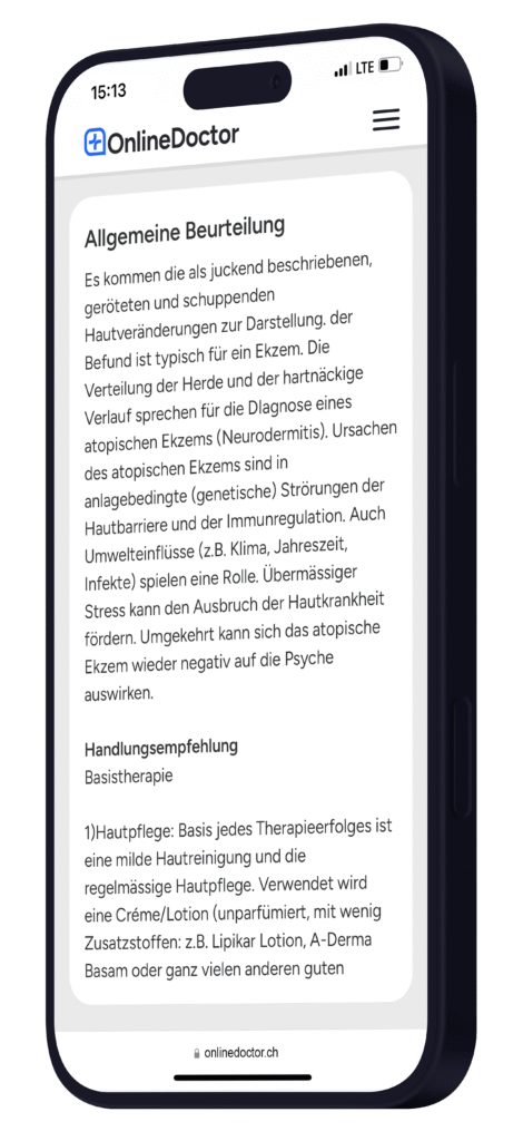 OnlineDoctor Website mit Handlungsempfehlung