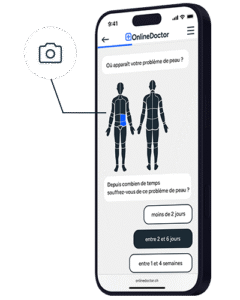 Site web OnlineDoctor pour le diagnostic cutané avec sélection de la zone du corps et durée des symptômes