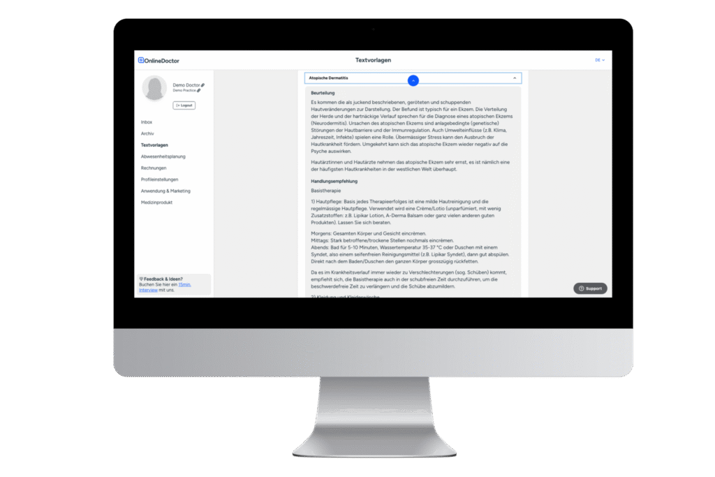 OnlineDoctor Website mit Textvorlagen im Doctorcenter